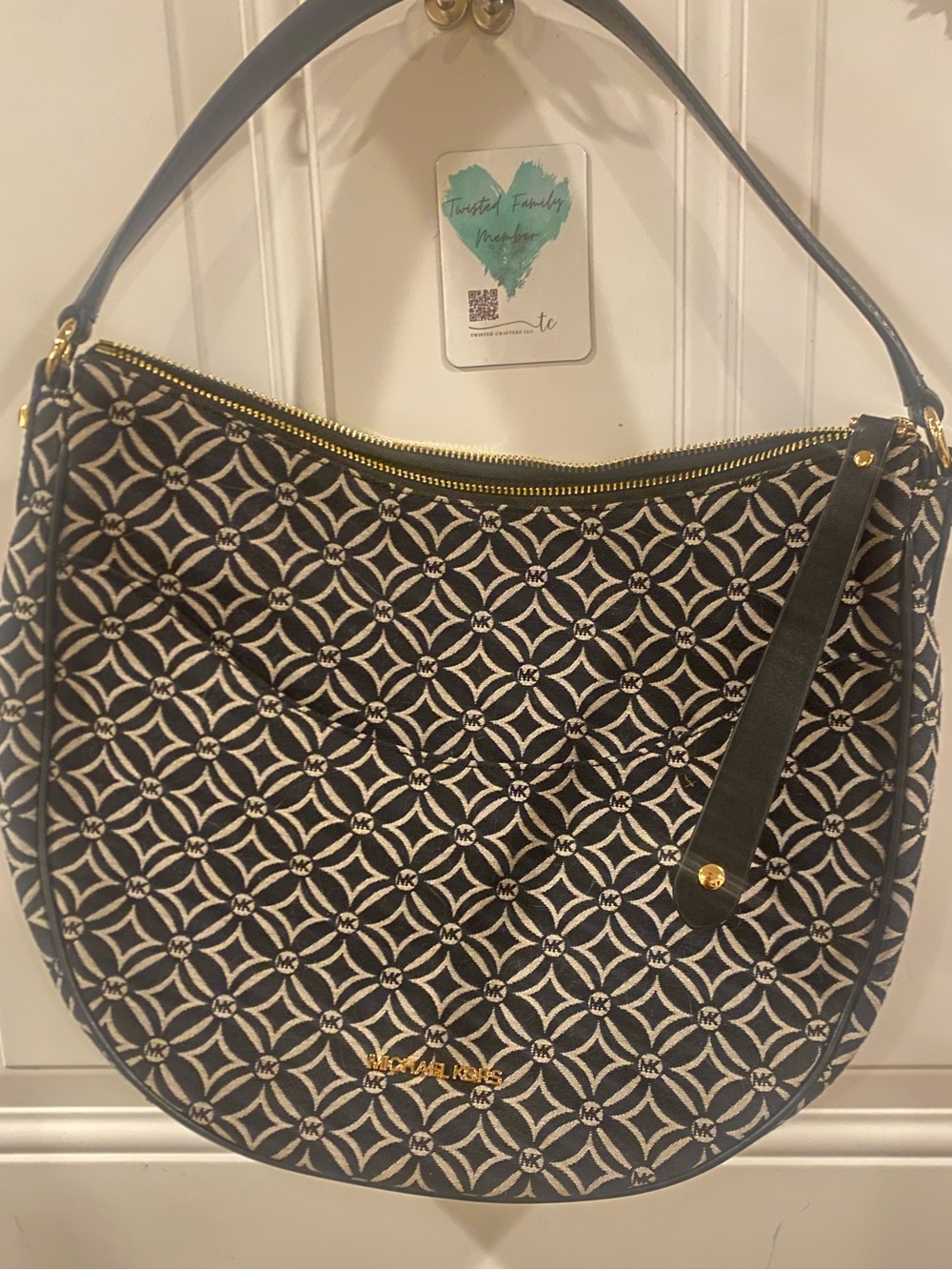 Michael Kors Navy and White Jacquard Dover Shoulder Bag with Gold Logo NWT
